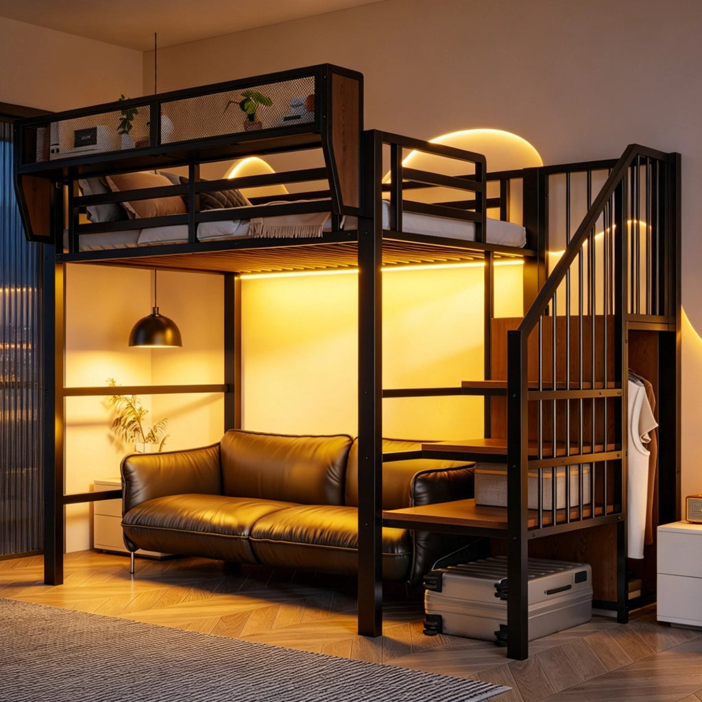 Letto a soppalco singolo 90×200 cm con LED; scala e ripiani salvaspazio; senza materasso; metallo; nero