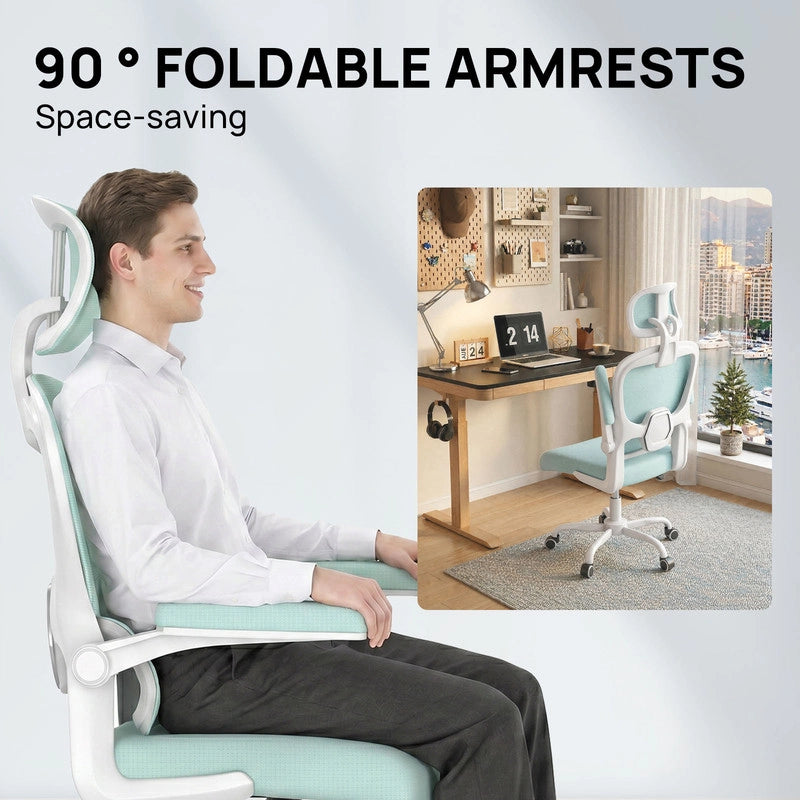 Sedia da ufficio ergonomica - Poltrona HAMLODY - con braccioli pieghevoli a 90° - Supporto lombare - Regolabile in altezza Verde