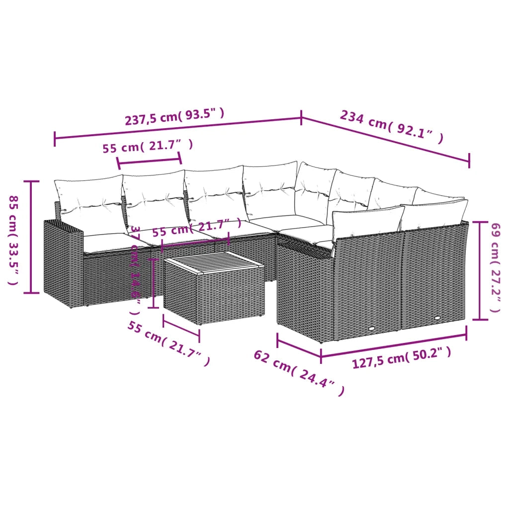 Set Divano da Giardino 9 pz con Cuscini Beige in Polyrattan