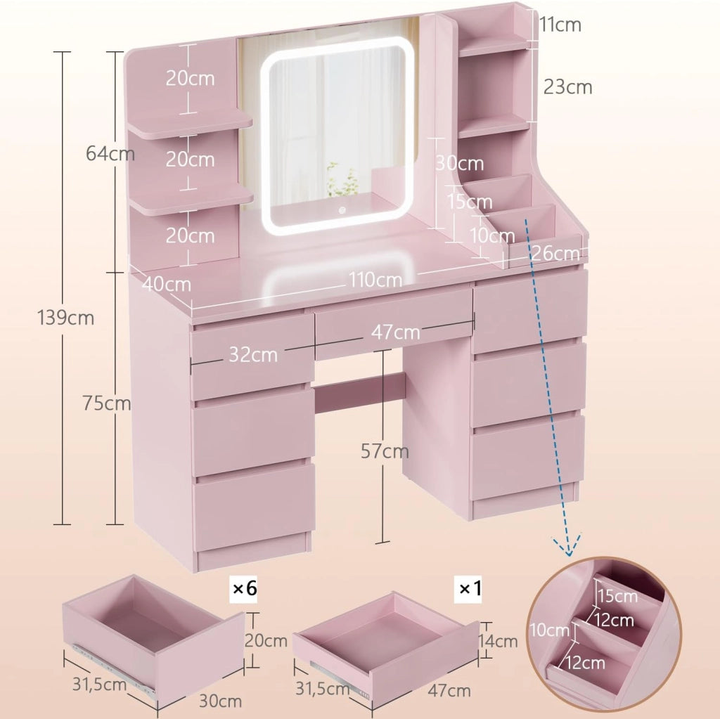 Toeletta da Trucco con 7 Cassetti, Postazione Trucco con Specchio a LED, Luminosità Regolabile,Tavolo da Toeletta con 4 Ripiani Aperti,per la Camera da Letto (Rosa)