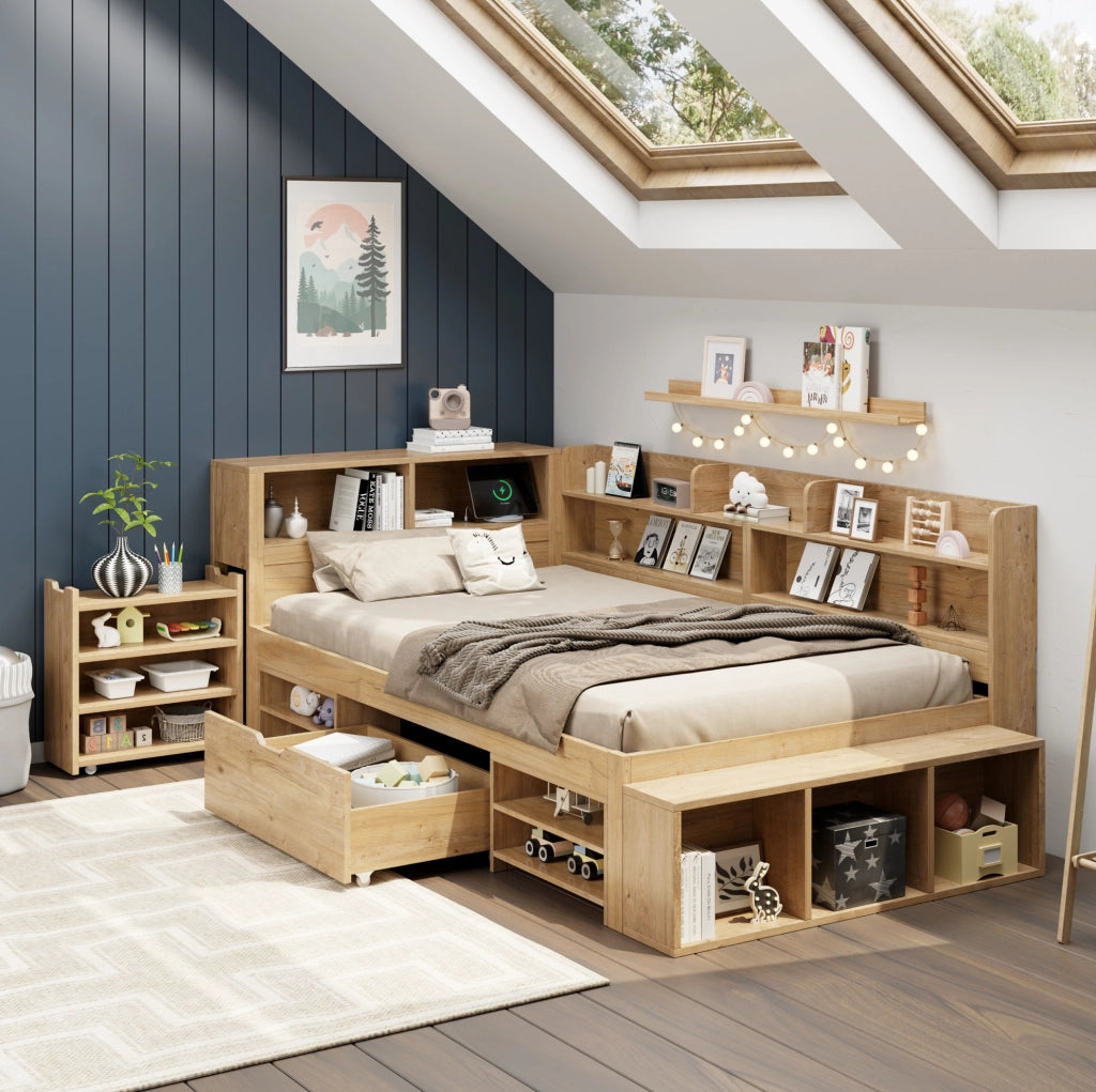 Letto per bambini 90x200 cm con cassetti; scaffali e contenitori in multistrato colore naturale
