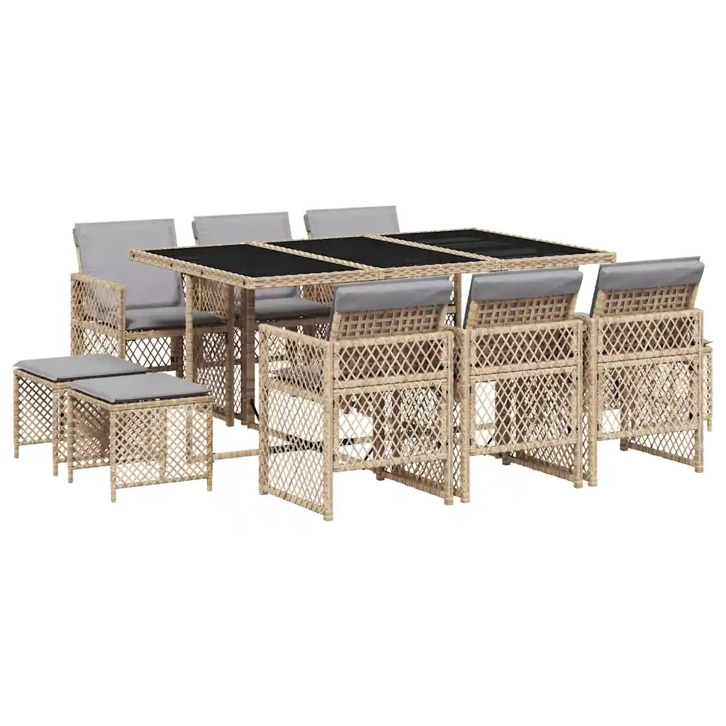 Set da Pranzo da Giardino 11 pz con Cuscini Beige in Polyrattan 3210792