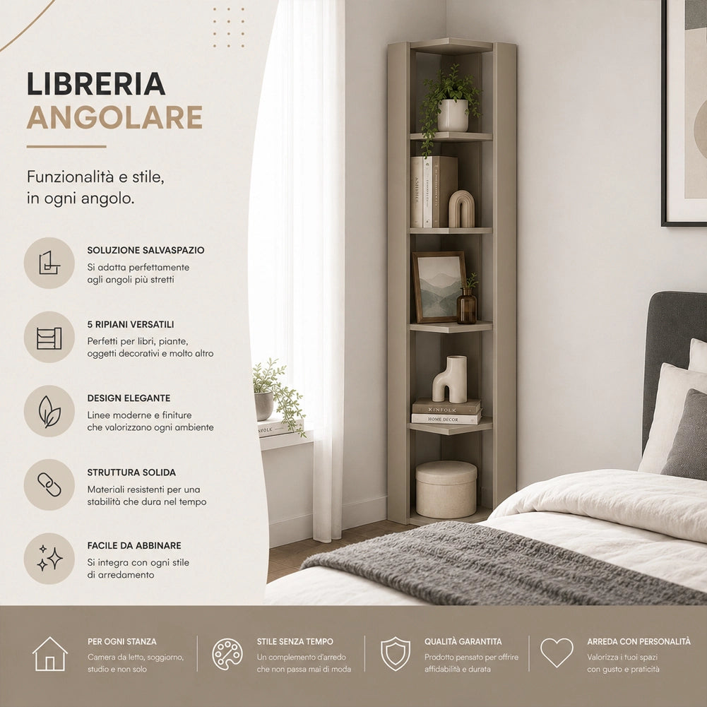 Libreria Angolare 34x34x161 cm Scaffale Salvaspazio 5 Ripiani in Legno Sabbia