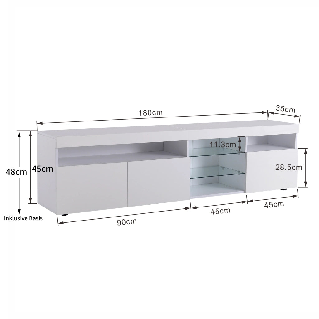 Mobile TV moderno bianco lucido 180 cm con LED variabile e ante in vetro laminato