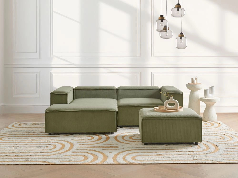 Divano angolare modulare velluto a coste verde 3 posti lato destro con pouf Gambe nere Soggiorno moderno