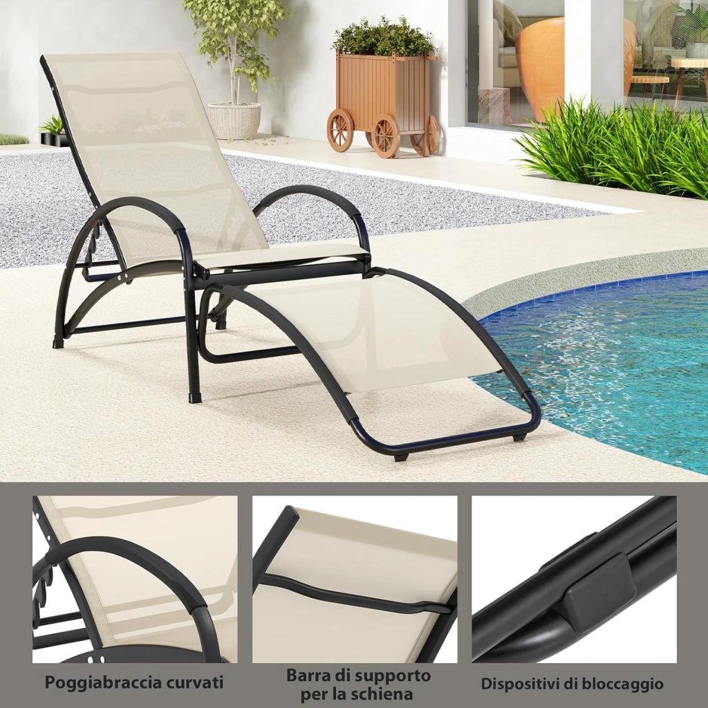 Sedia a Dondolo 2 in 1 da Giardino, Lettino Prendisole Convertibile con Schienale Regolabile a 4 Posizioni, Braccioli Curvi e Telaio in Alluminio, per Patio e Piscina, Portata 150 kg (Beige)