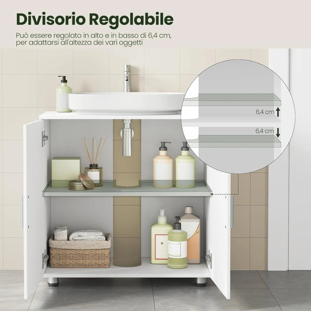 Mobile Sottolavabo per Bagno in MDF, Armadietto Salvaspazio con Ripiano Regolabile Mobiletto, Mobile Copricolonna con Maniglie e Gambe in Metallo, Bianco, Argento, 60x30x60cm