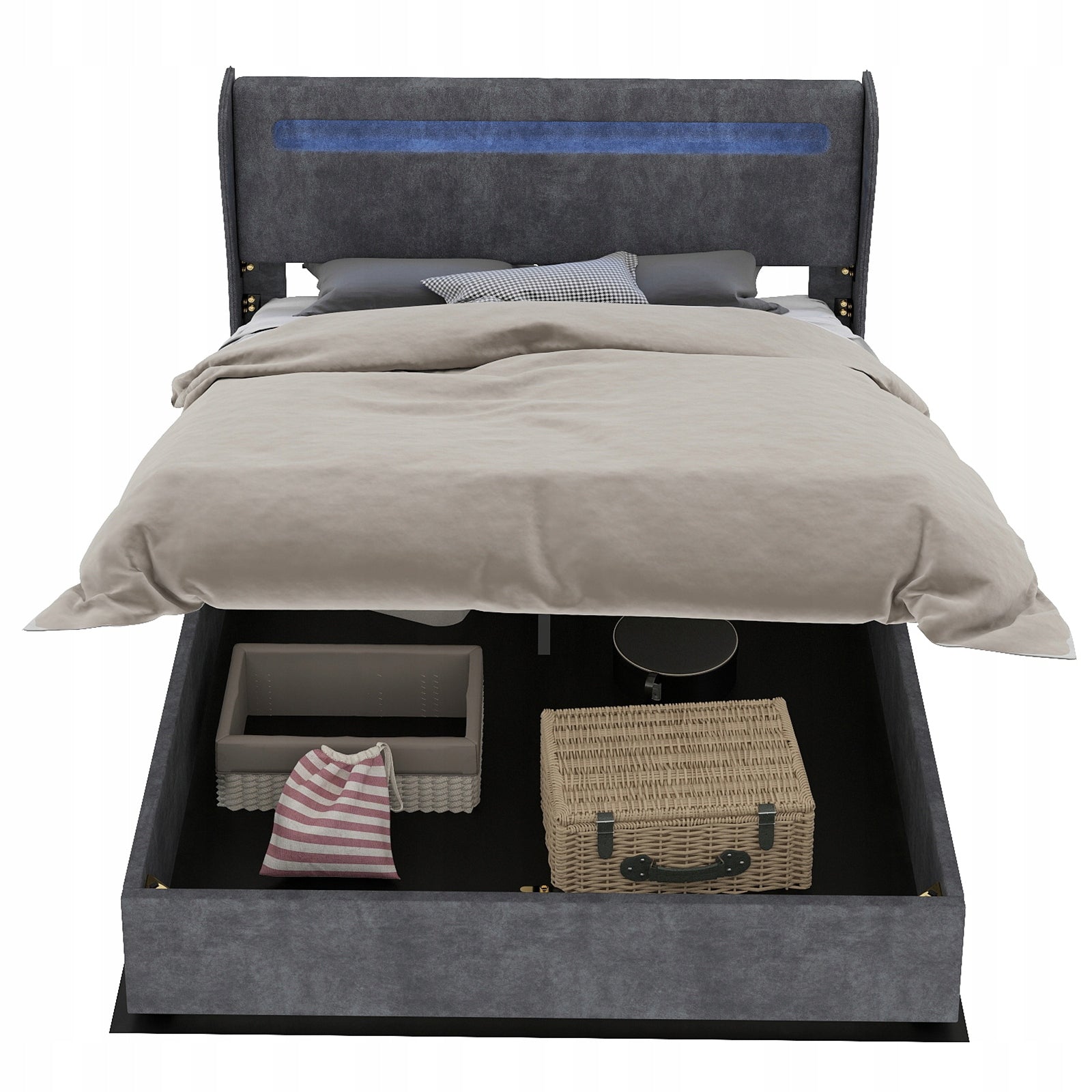 Letto imbottito 140x200 - Xylo - Grigio con LED e struttura sollevabile