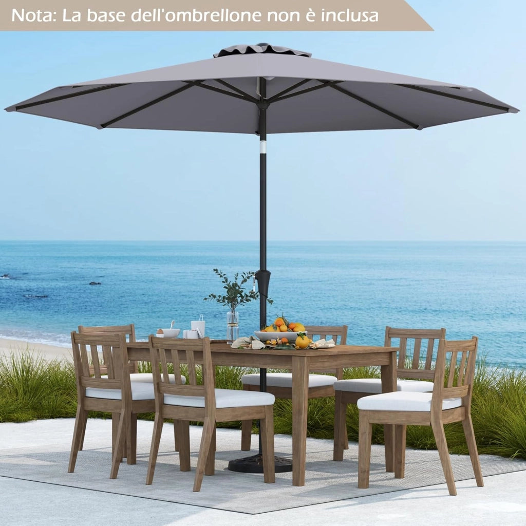 Ombrellone da Giardino, Diametro 3M, Ombrello da Spiaggia con Manovella e Inclinazione Regolabile, Ideale per Spiaggia, Balcone, Giardino (Grigio)