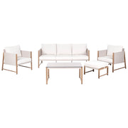 Set di divani da giardino a 5 posti Struttura in metallo beige chiaro con finitura in legno Piano in vetro Divano a 3 posti Ottomano Poltrone