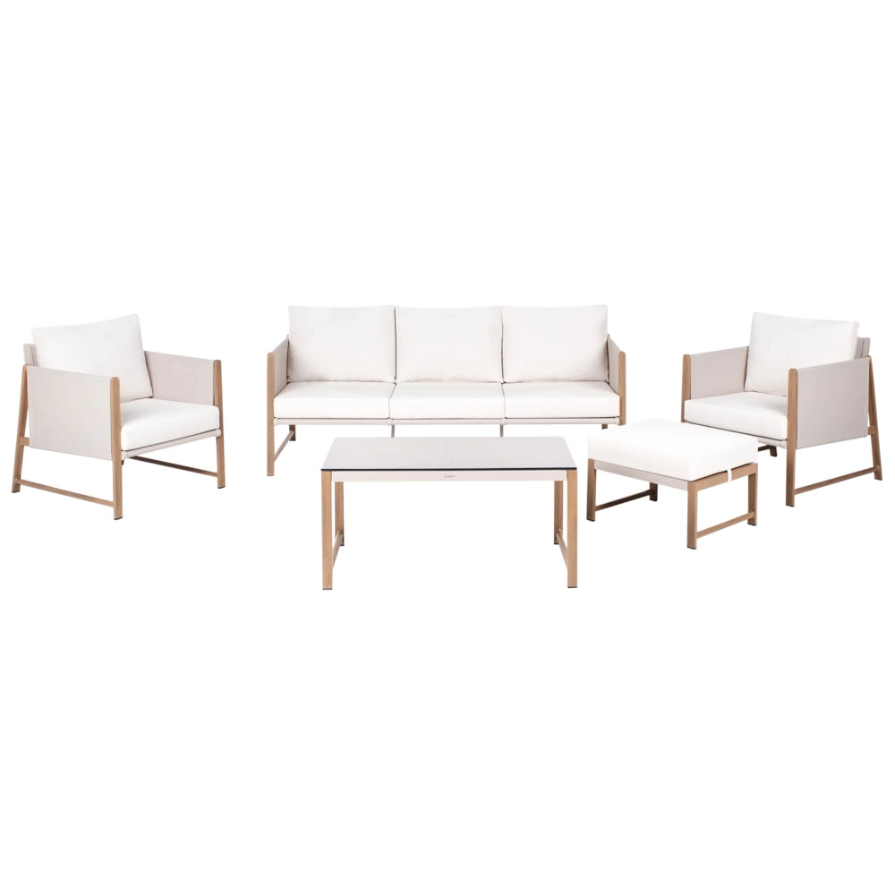 Set di divani da giardino a 5 posti Struttura in metallo beige chiaro con finitura in legno Piano in vetro Divano a 3 posti Ottomano Poltrone