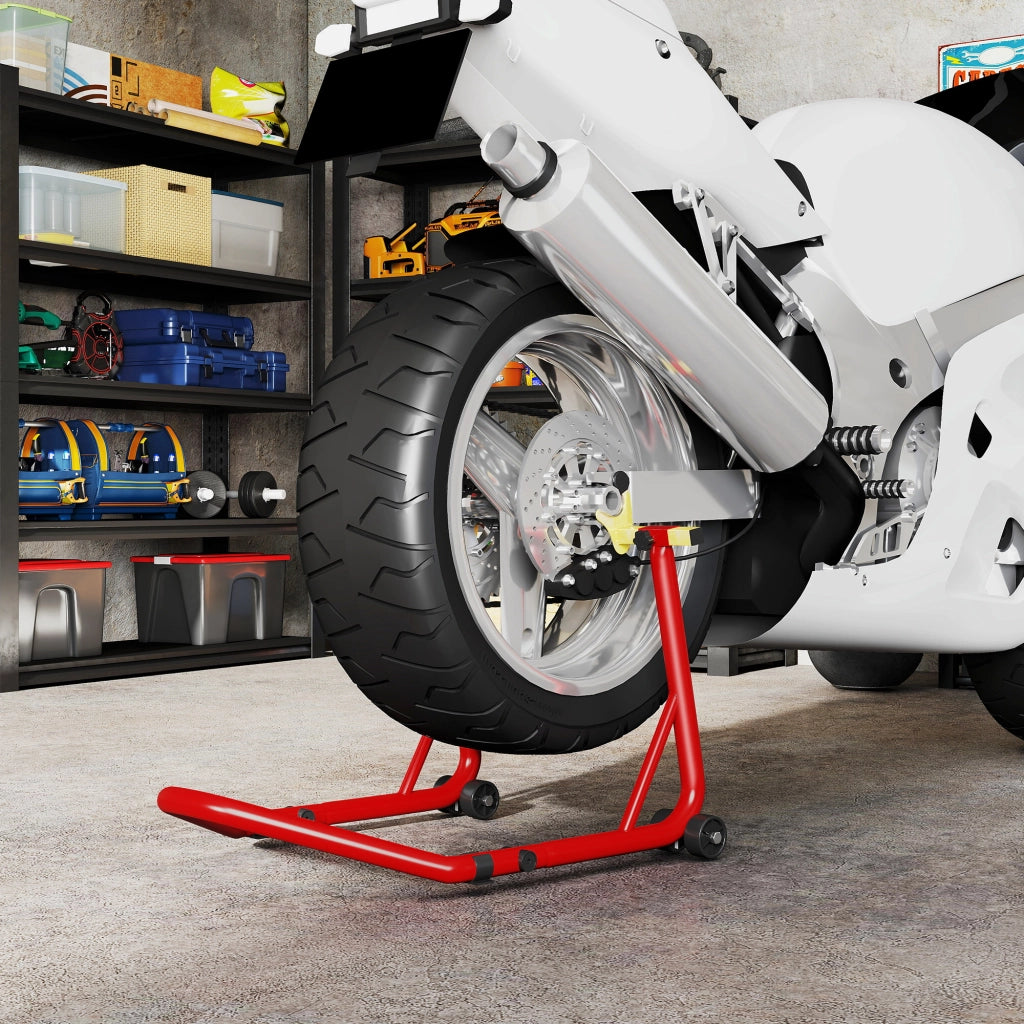 Cavalletto per Moto con Capacit¨¤ di 544 kg, Forcelle Regolabili a U e L, Rotelle e Cuscinetti Antiscivolo, Rosso