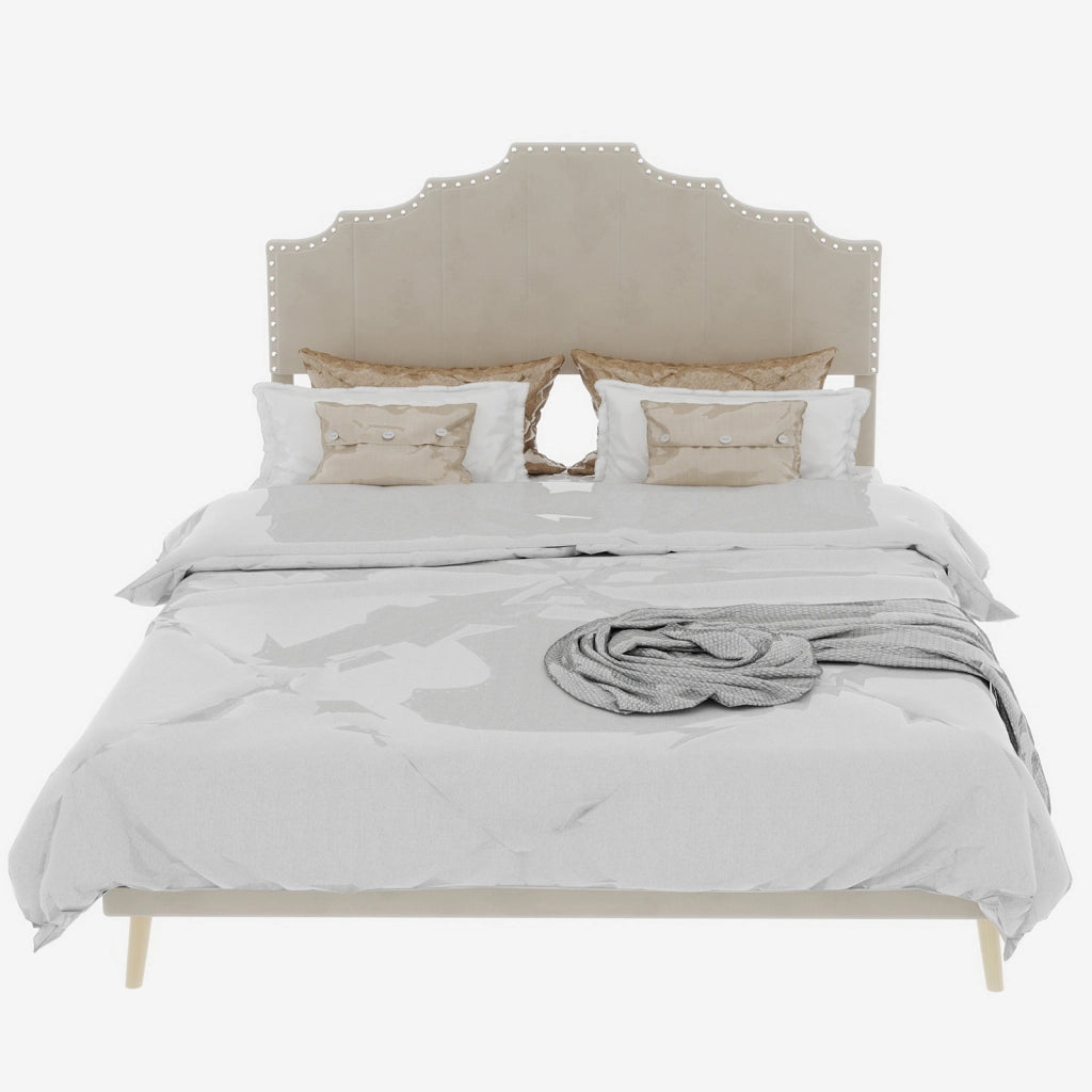 Letto 160x200 cm con Testiera Geometrica; in Tessuto e Metallo; Beige