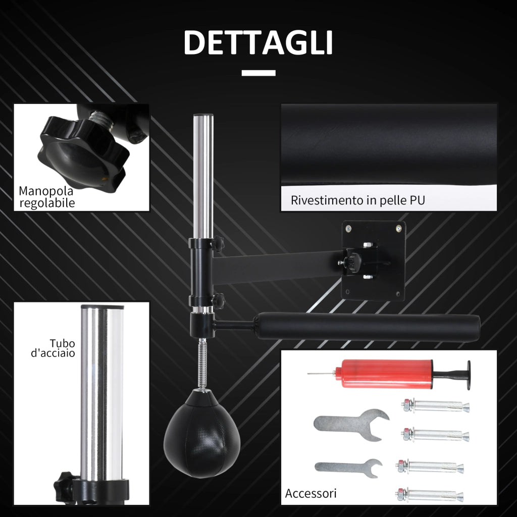 Speed Bag a Parete per Boxe e MMA ad Altezza Regolabile con Asta, in Acciaio e PU, 79x72x20 cm, Nero