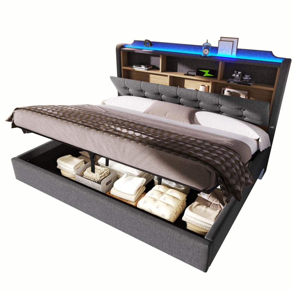 Letto imbottito 180x200 cm con illuminazione LED; contenitore idraulico; in lino e MDF; grigio