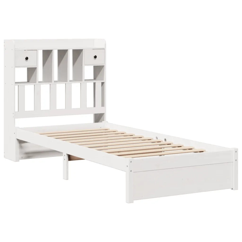 Letto Libreria senza Materasso-Struttura Letto con contenitore Bianco 90x190 cm Massello Pino 700489