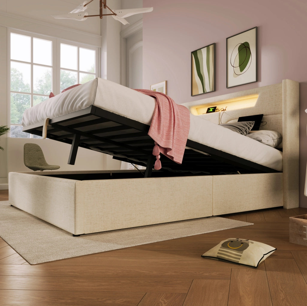 Letto imbottito 140x200 cm beige con LED, USB-C e contenitore