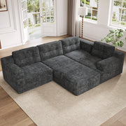 Divano modulare 5-6 posti in ciniglia grigio con pouf; 252x180x82 cm