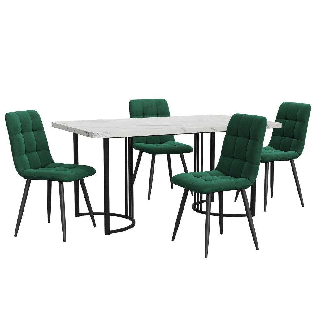 Set da pranzo 140x80 cm con tavolo effetto marmo; sedie in velluto; MDF bianco