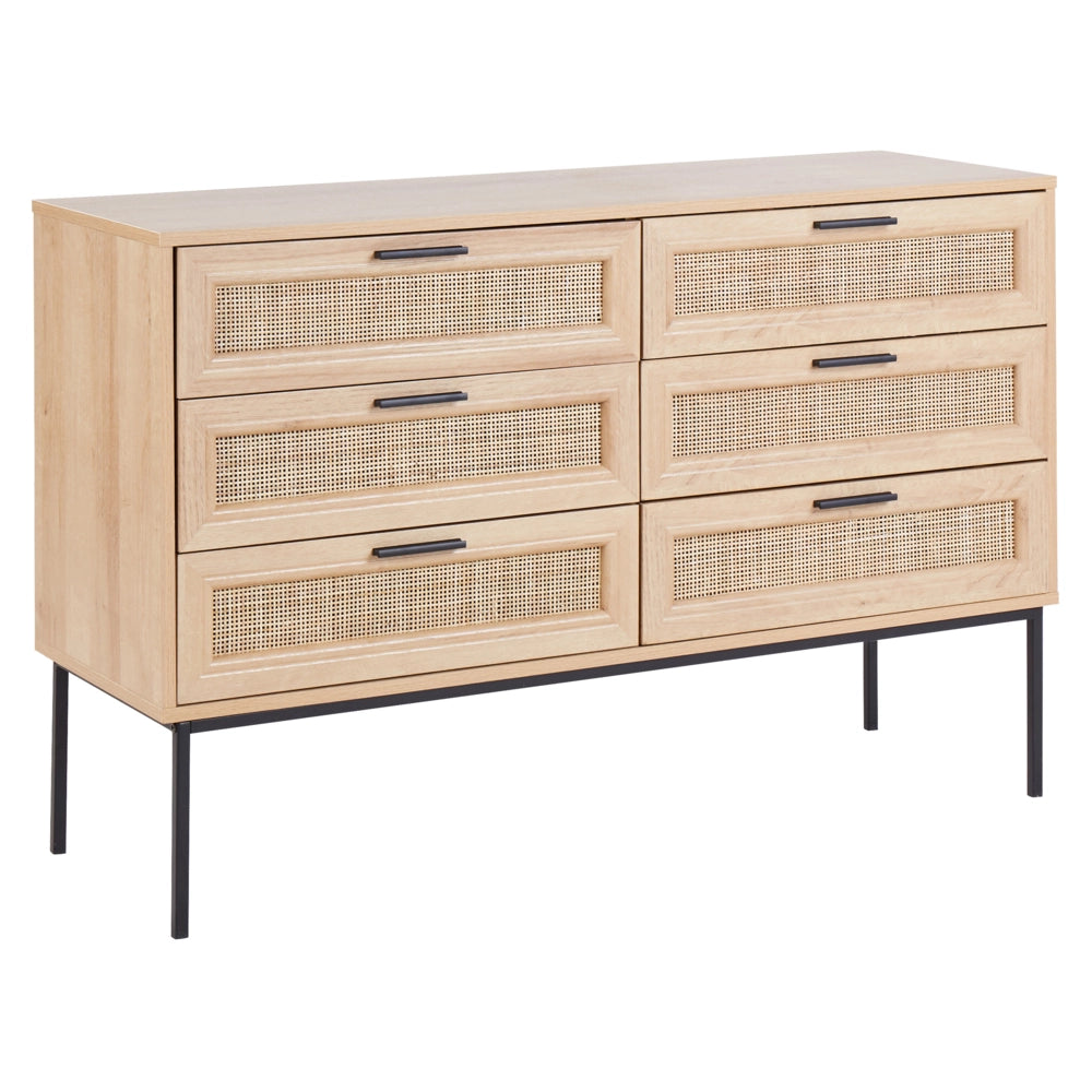 Cassettiera in rattan con 6 cassetti con frontale in vimini legno chiaro stile moderno e classico