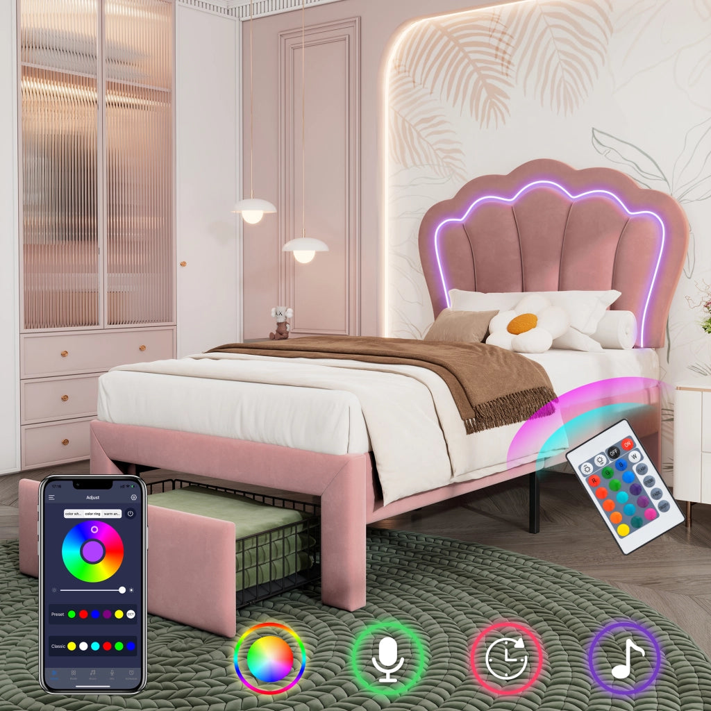 Letto Singolo 90 x 200 cm con Cassetto; LED Regolabile e Testiera Regolabile - Rosa