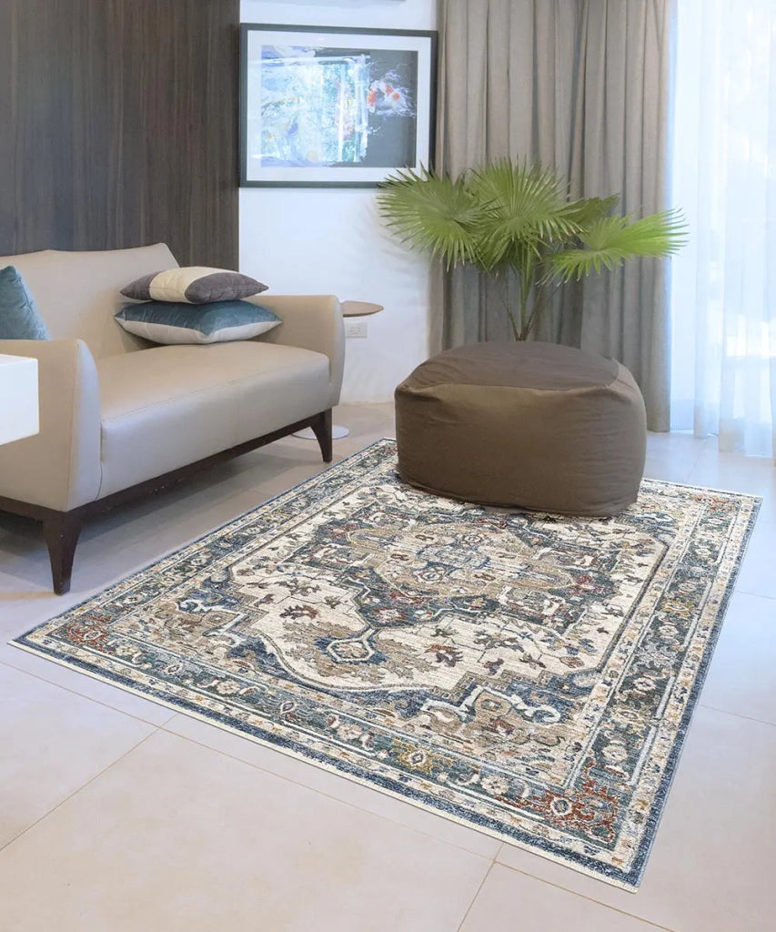 Parure Tappeti orientali MURCIA K7071-E22181 (1 pezzo cm.80x160 + 2 pezzi cm.60x133) motivo persiano stile classico tradizionale colore verde blu per scendiletto camera matrimoniale