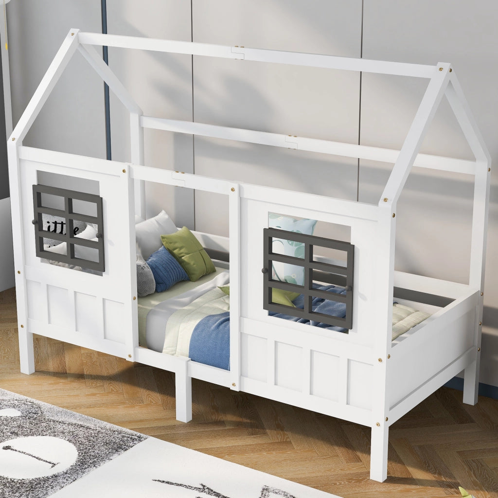 Letto a casa singolo bianco con funzione letto giornaliero e due finestre