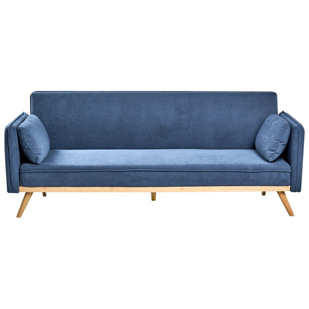 Divano letto tradizionale in tessuto blu a 3 posti con struttura in legno di pino braccioli gambe in metallo
