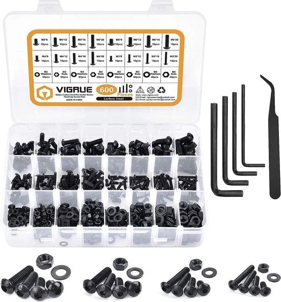 Assortimento di Viti e Dadi in Acciaio di Carbonio Nero per M3 M4 M5 M6 Viti Inbus