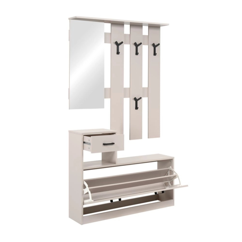 Mobile Ingresso Rudolf con Specchio, Appendiabiti, Cassetto e Scarpiera Beige