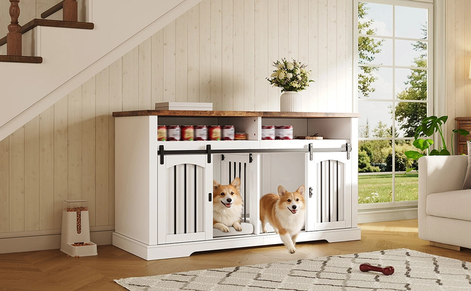 Cuccia per cani 2 in 1 con mobile e piano d’appoggio, porta scorrevole con chiusura, tramezza removibile, bianco 153 x 60 x 85 cm