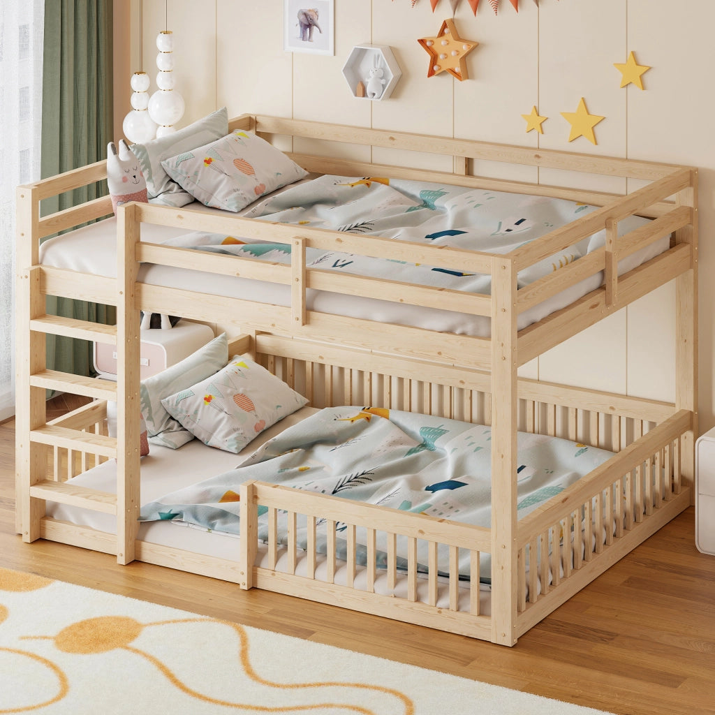 Letto a Castello 160x200 cm; Letto 2 Posti - Sponde di Sicurezza - in MDF e Legno Massiccio - Naturale
