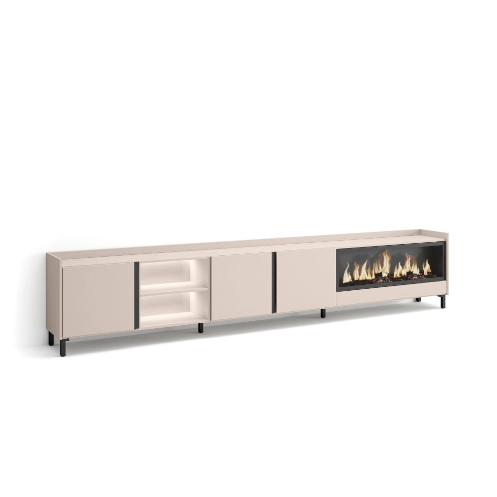 Mobile TV Soggiorno, 315x61x35 cm, Per TV fino a 80", Camino elettrico XXL, Design industriale, LED, Beige