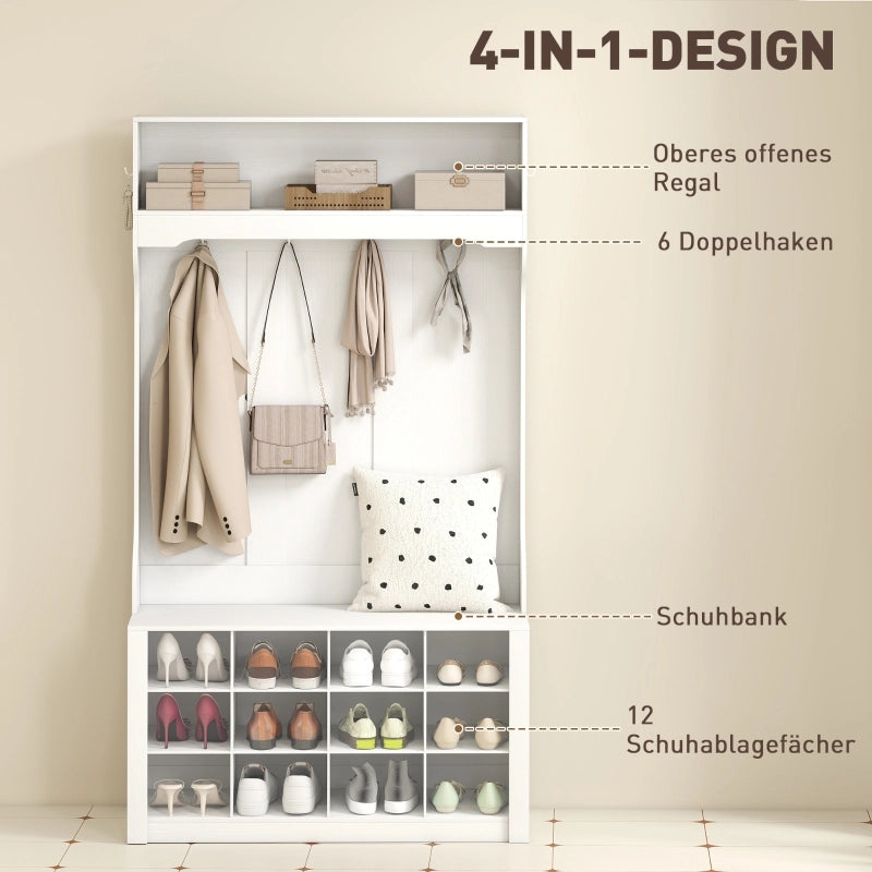 Armadio con ripiano, panca, ganci, scomparti per scarpe, in truciolato, MDF, bianco