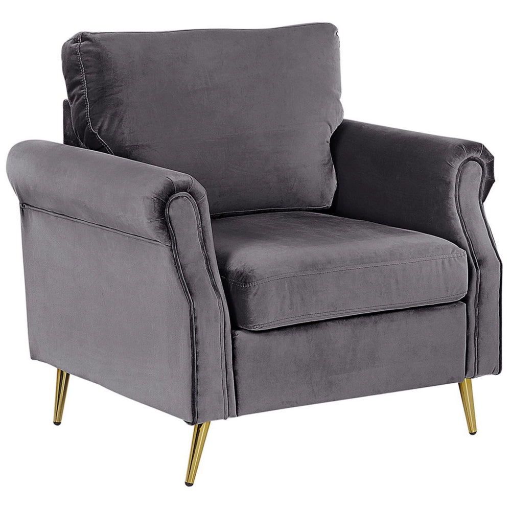 Poltrona Tessuto Velluto Grigio Scuro Rivestimento Gambe In Metallo dorato Cuscini Seduta E Schienale Sfoderabili Stile Retrò Glam