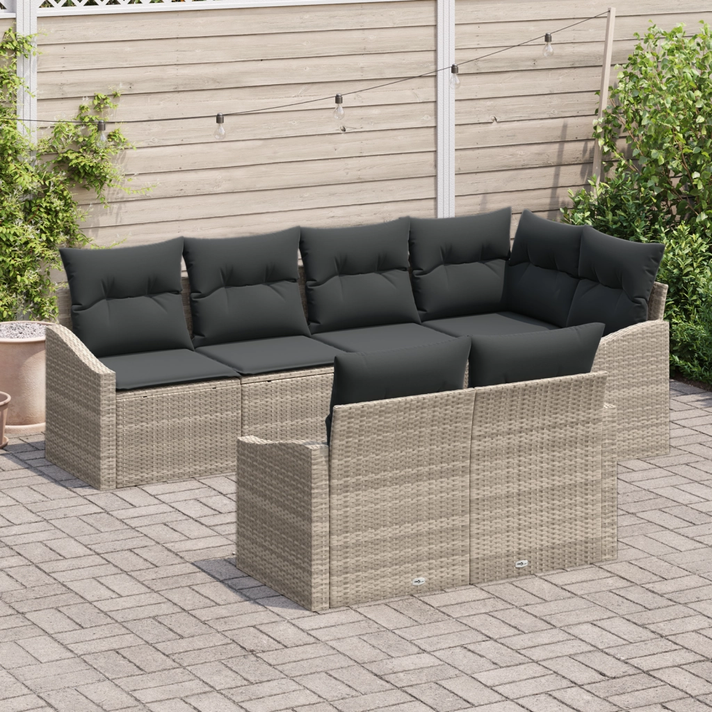 Set divani da giardino a 7 pezzi con cuscini grigio chiaro in polirattan