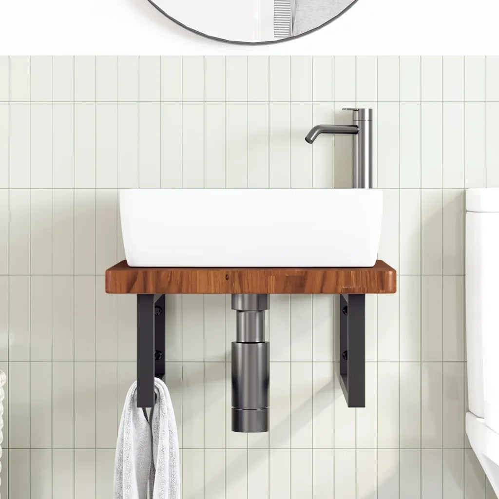 Ripiano a Parete per Lavabo in Acciaio e Massello di Rovere