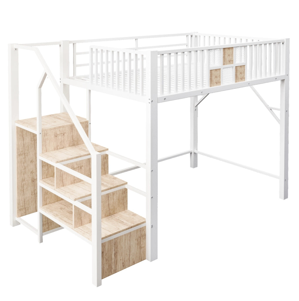 Letto a soppalco 140x200 cm con armadio; cassetto e scala contenitore; bianco