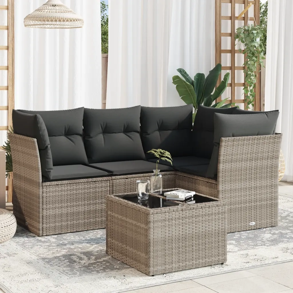 Set Divano da Giardino 5pz | Set Salotto da Giardino con Cuscini Grigio Chiaro Polyrattan