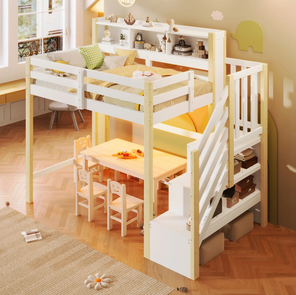 Letto a soppalco 90x200 cm con LED e scala contenitore