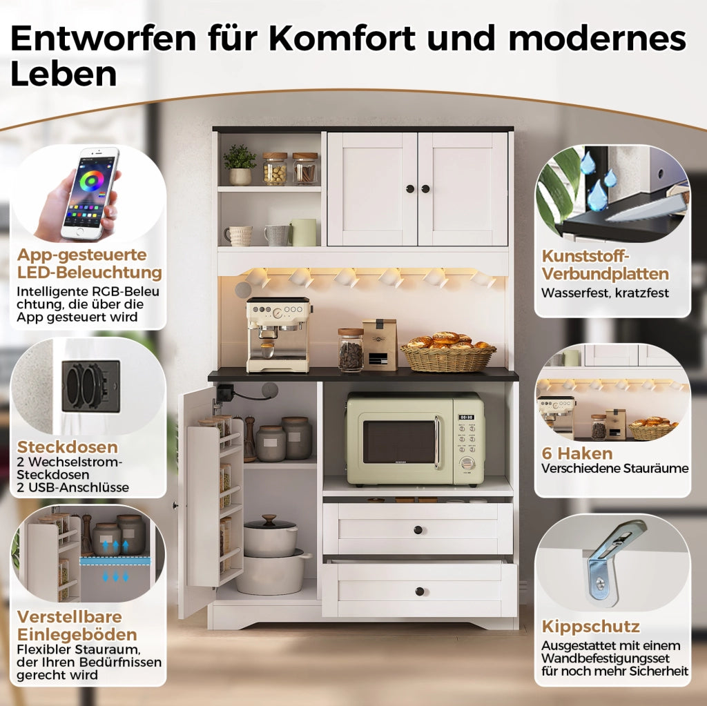 Mobile cucina multifunzione bianco con LED, prese USB e vano microonde