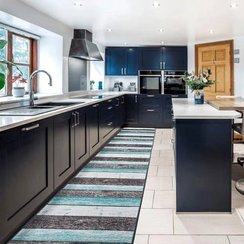 Tappeto Cucina 52x110 cm Bordato Tessitura Piatta Bagno Camera Corridoio Stile Legno Parquet Blu