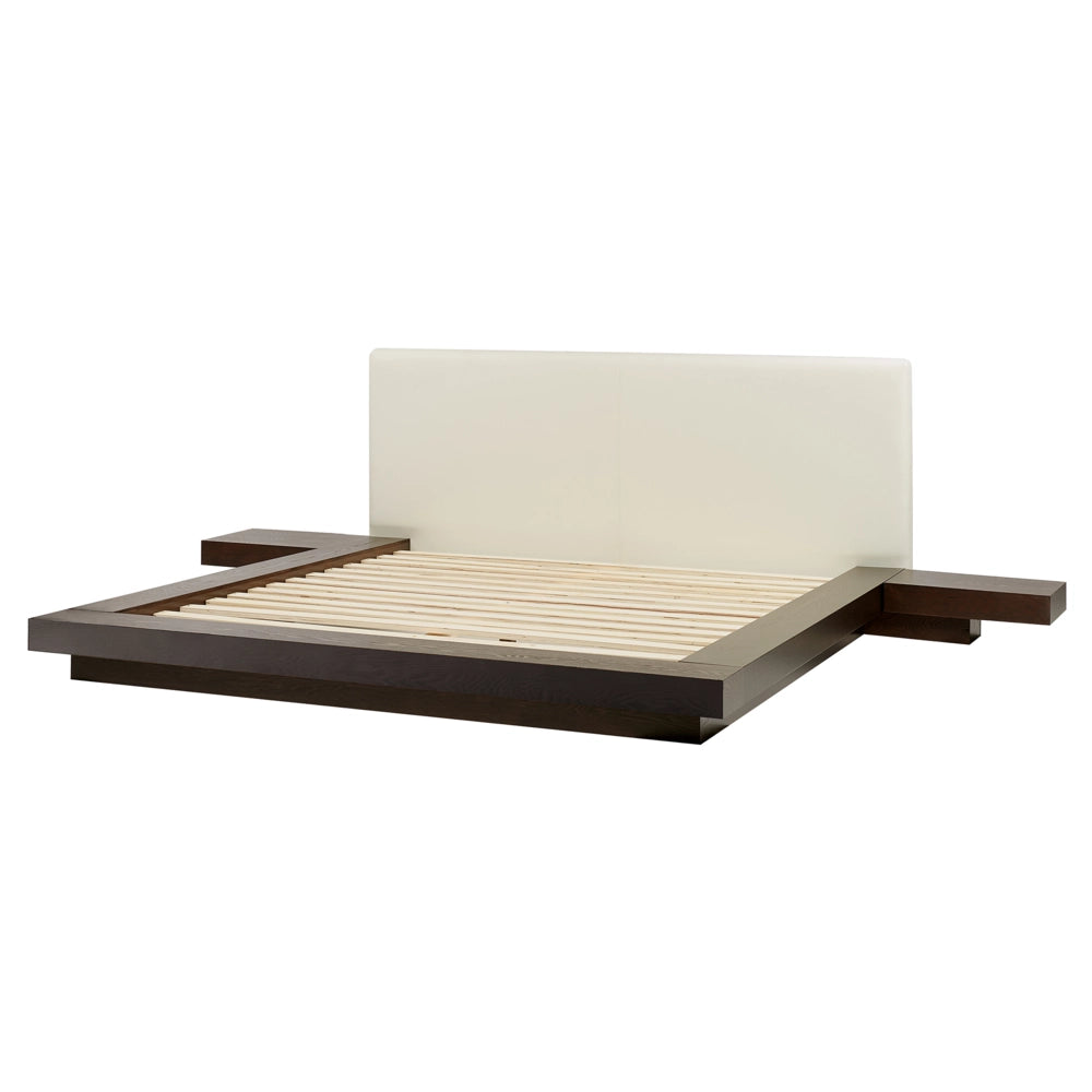 Letto in stile giapponese in frassino scuro 160 x 200 cm testata in MDF impiallacciata in legno testata in ecopelle camera da letto a basso profilo