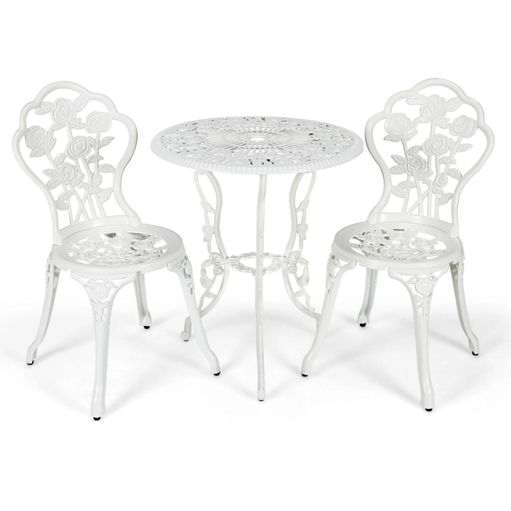 Set 3 pezzi da esterno in ghisa e alluminio, Tavolo con foro per ombrellone e 2 sedie da giardino Bianco-Set mobili da esterno