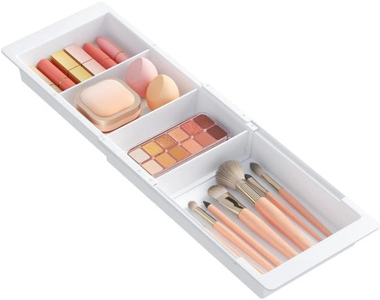 Organizzatore di cassetta, distributore di cassetta regolabile, 35,2-55,5 cm di lunghezza e 4,7 cm di altezza, organizzatore da appendere in plastica per la bagno, cosmetici, trucco, cucina, ufficio, 1 pezzo, bianco
