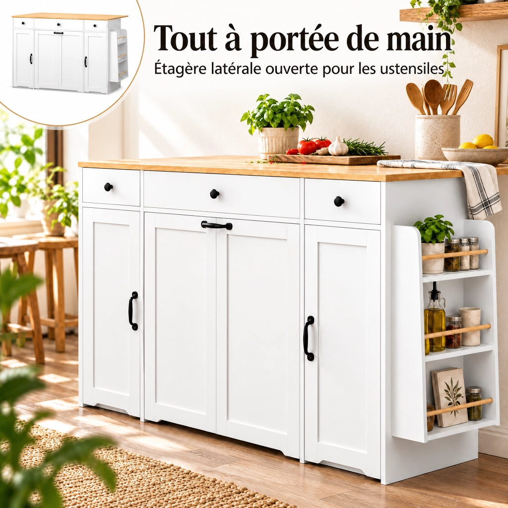 Sideboard bianco con 3 cassetti, 2 ante e piano superiore color legno per cucina e sala da pranzo
