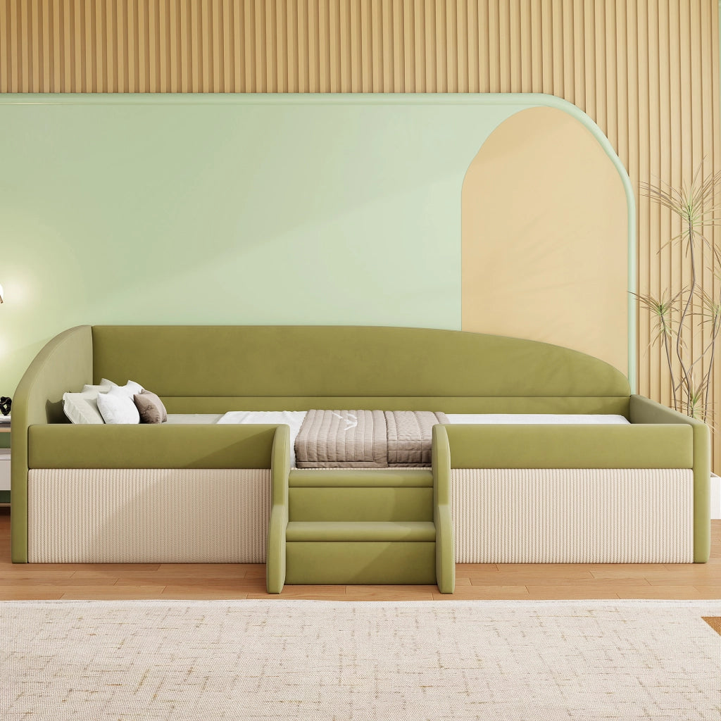 Letto per bambini 90 × 190 cm con sponde di sicurezza e gradini antiscivolo, senza materasso, in velluto, verde