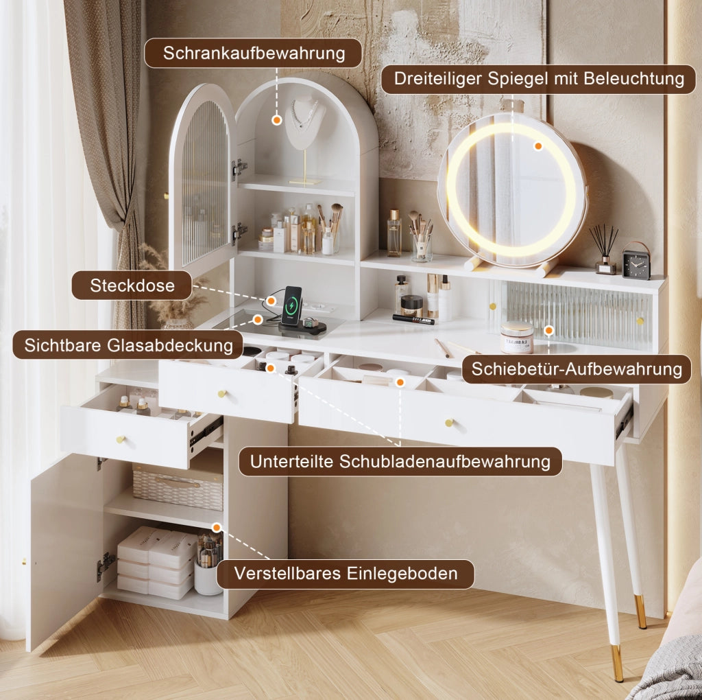 Tavolo trucco con specchio LED, porte USB e Type-C, 2 prese e ampio spazio