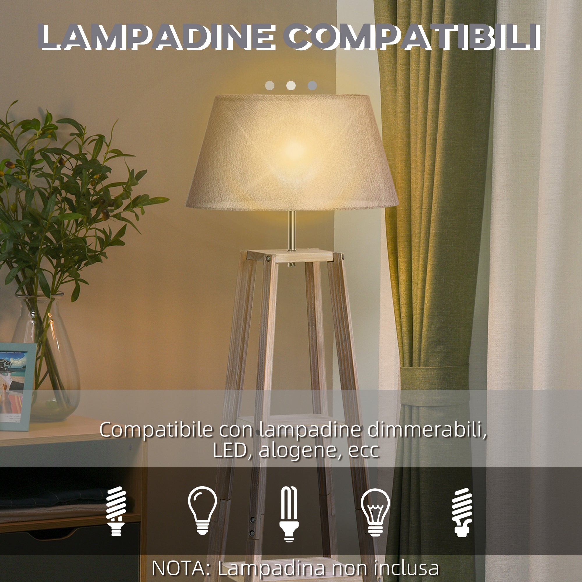 Lampada da Terra in Legno con 3 Ripiani e Paralume in Tessuto 45x45x148 cm  Grigio