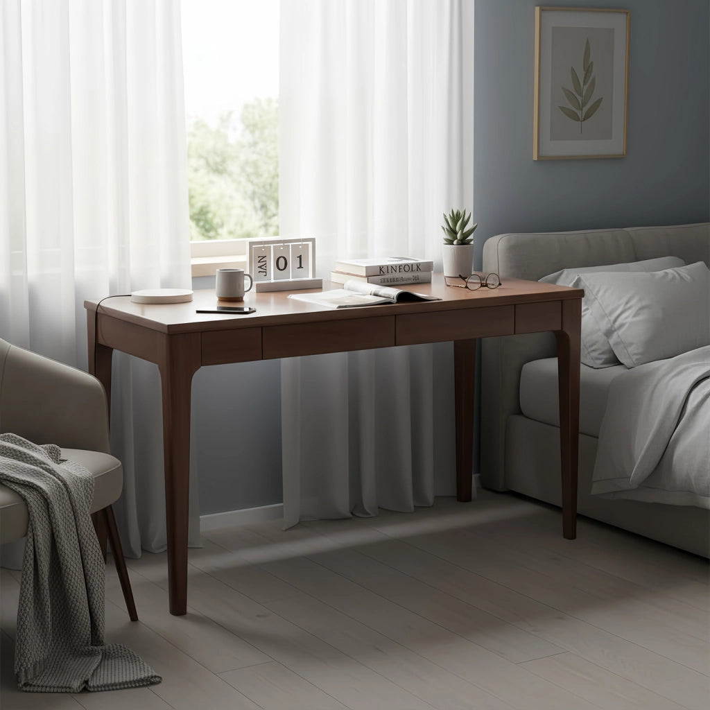 Scrivania lineare in legno massello con 2 cassetti e bordi arrotondati per studio camera da letto e ufficio noce